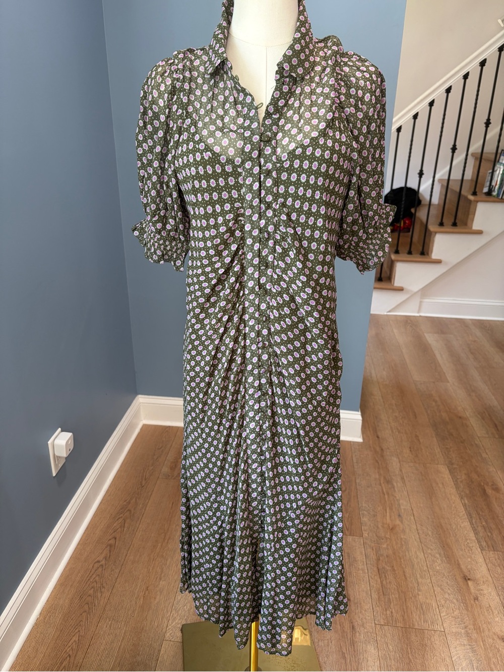 By Anthropologie Olive Green Pink Floral Ruched Midi Dress Puff Sleeve US 10P